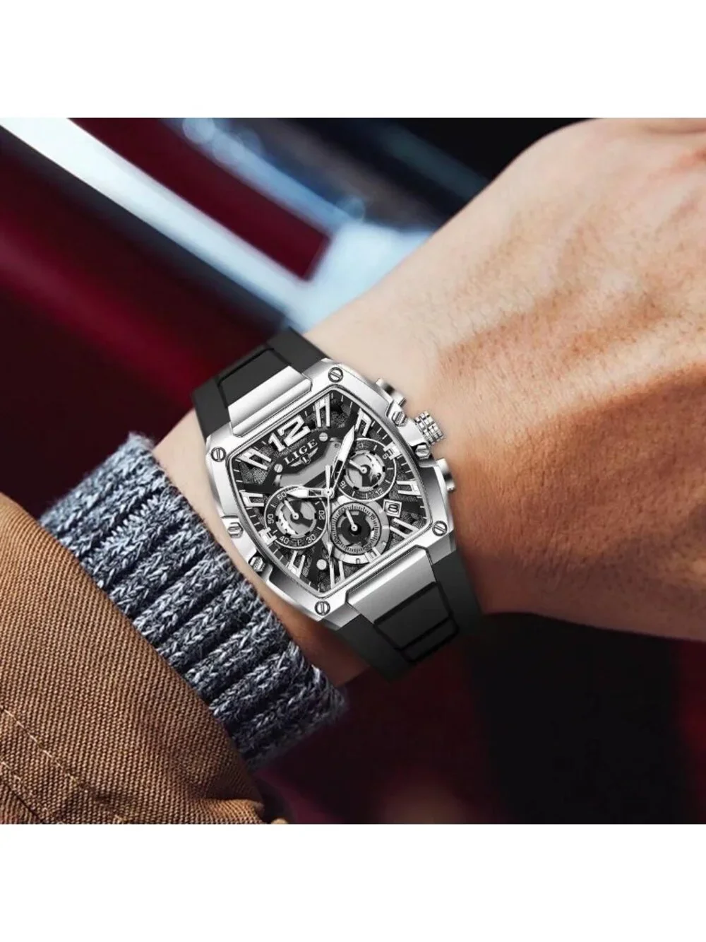 Men's Black and Silver Square Chronograph Stainless Steel Quartz Wrist Watch